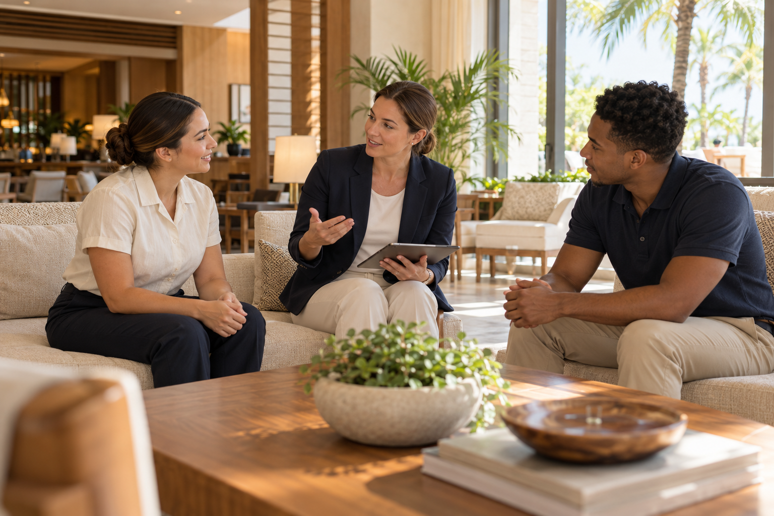 A hospitality supervisor working with a team in a sunlit hotel lounge